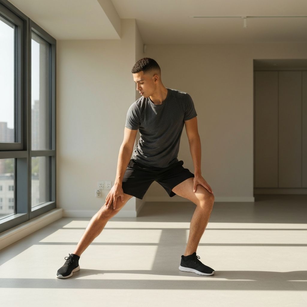 Person performing hip stretch on floor